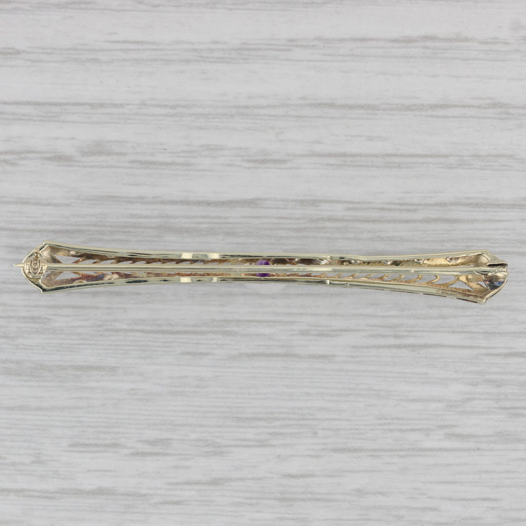 Gray Art Deco Amethyst Bar Pin 14k Gold Platinum Filigree Brooch