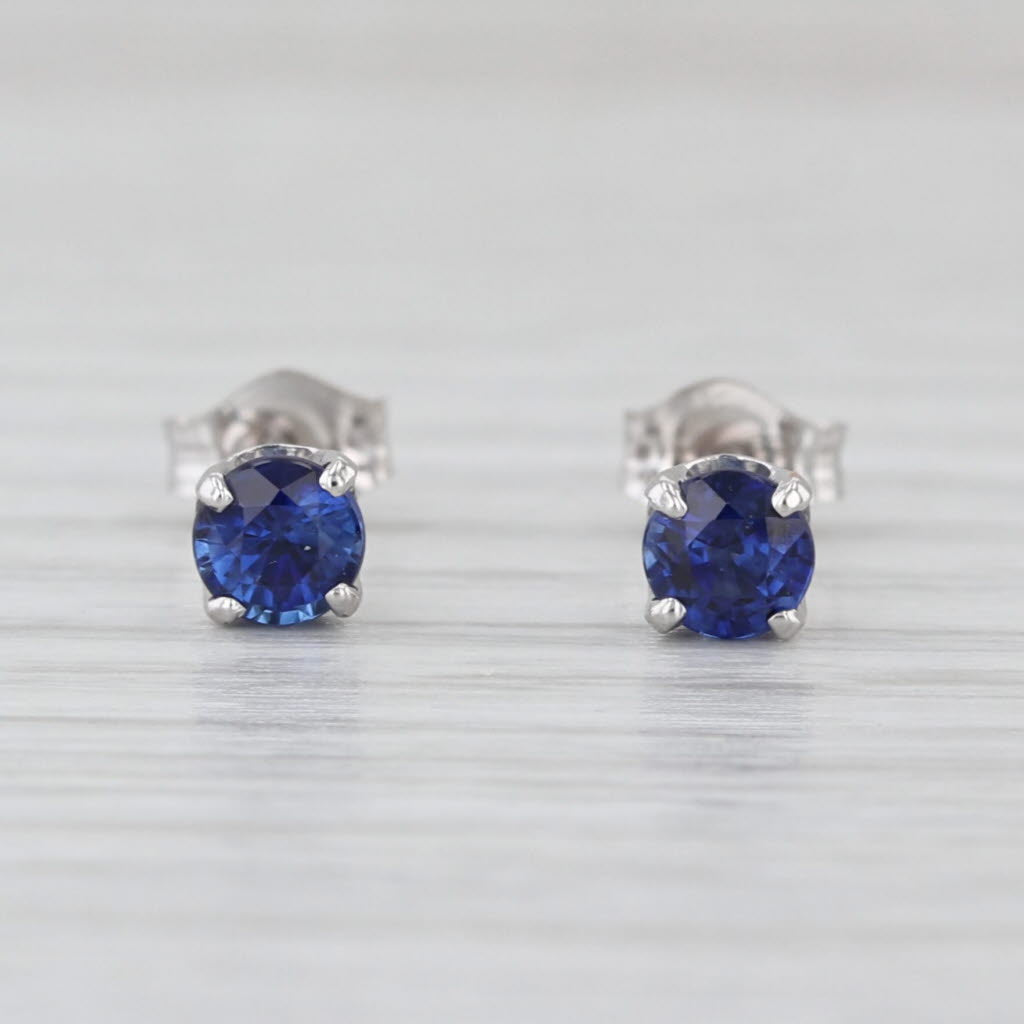 0.80ctw Blue Sapphire Stud Earrings 14k White Gold Round Solitaire Studs