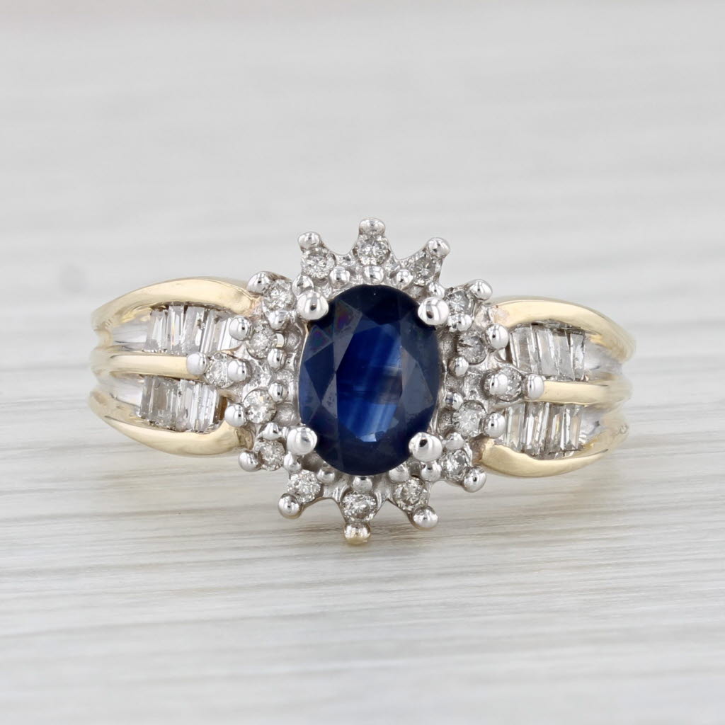 Light Gray 1.006ctw Oval Blue Sapphire Diamond Halo Ring 10k Yellow Gold Size 7.25