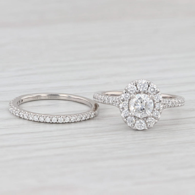 0.88ctw Diamond Halo Engagement Ring Wedding Band Bridal Set 14k White Gold