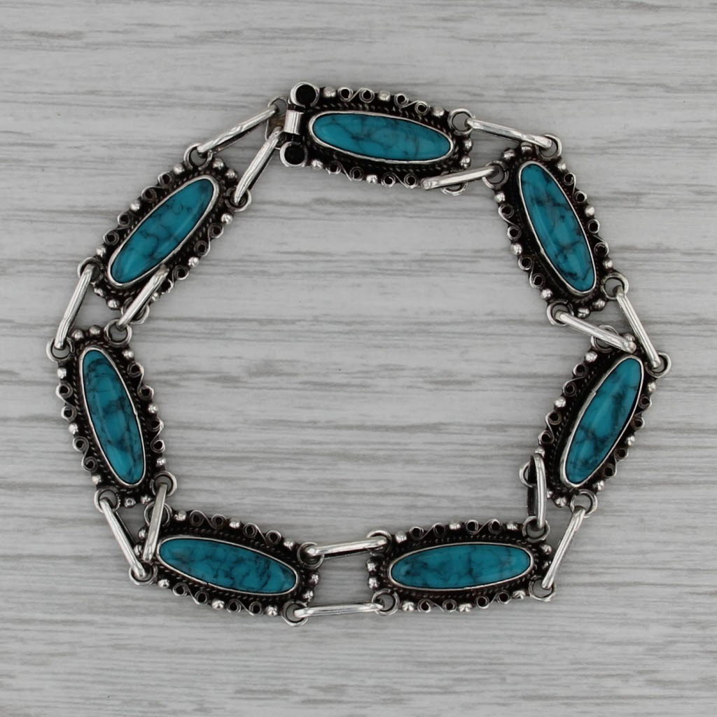 Vintage Southwestern Imitation Turquoise Bracelet Sterling Silver 7.25" 10mm