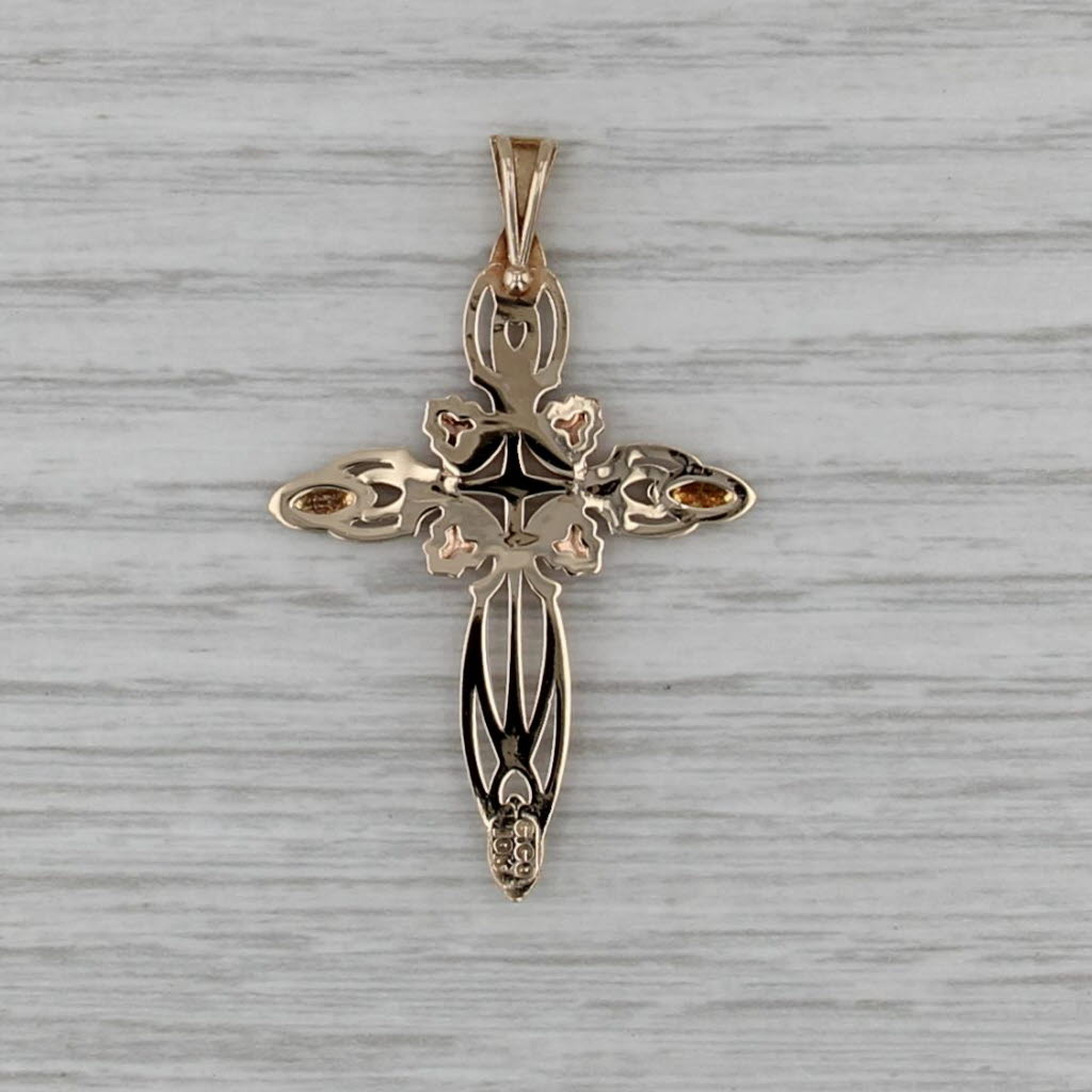 Floral Cross Pendant 10k Yellow Rose Green Black Hills Gold Coleman Co
