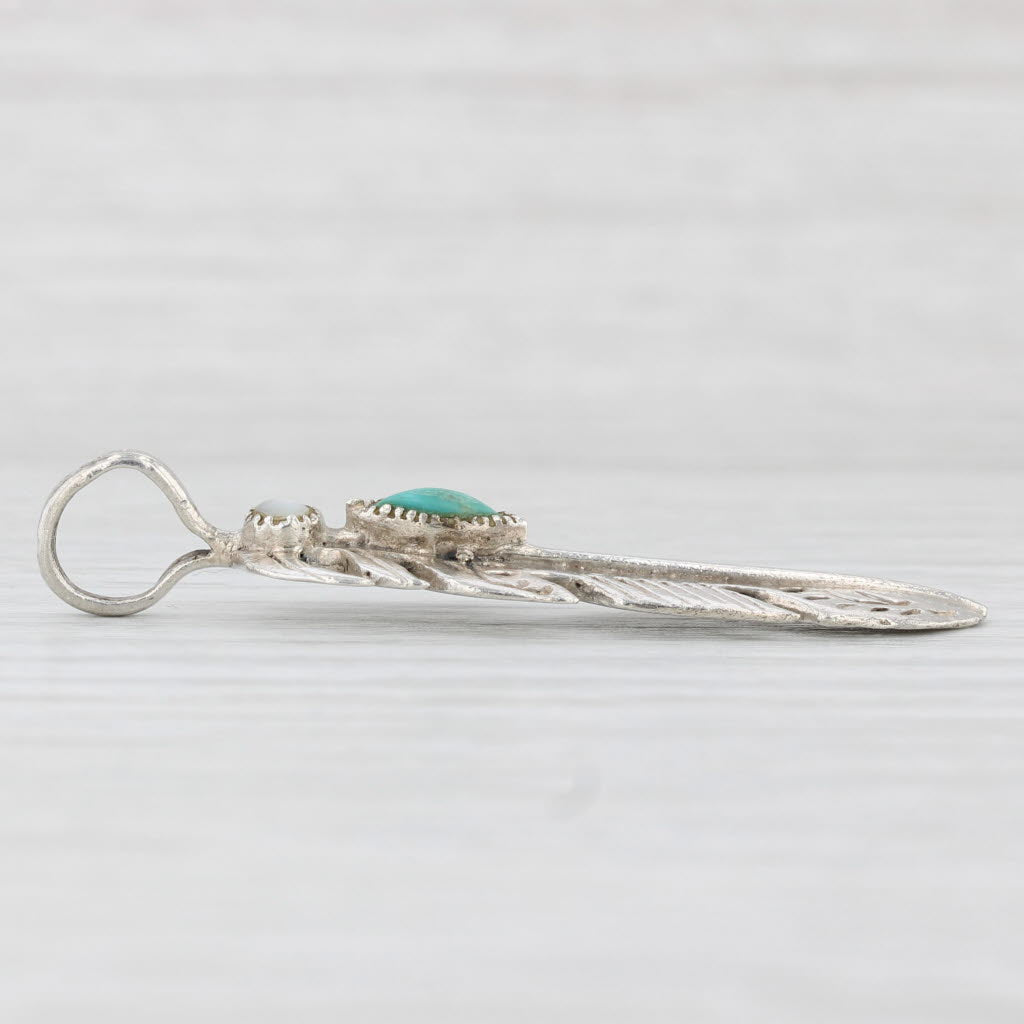 Light Gray Vintage Mother of Pearl Simulated Turquoise Feather Pendant Sterling Silver