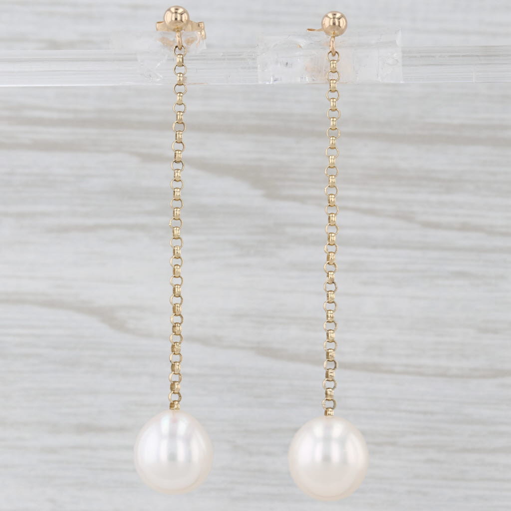 Light Gray Cultured Pearl Solitaire Dangle Earrings 14k Yellow Gold