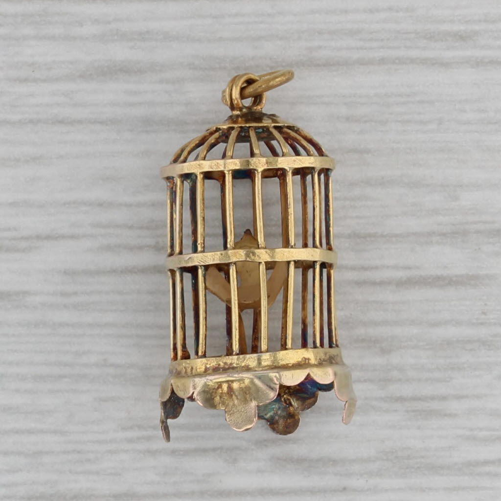 Gray Vintage Bird in Birdcage Charm 14k Yellow Gold 3D Pendant