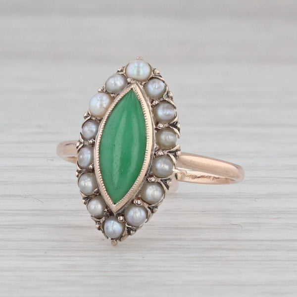 Gray Vintage Green Jadeite Jade Pearl Halo Ring 10k Yellow Gold Size 6