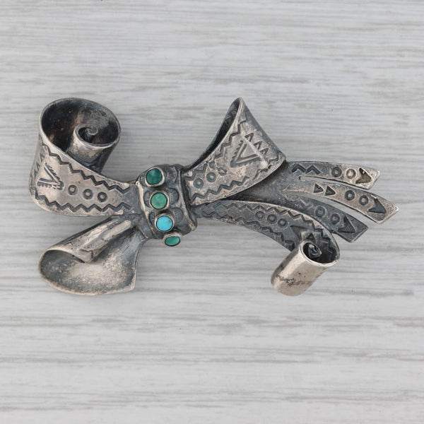 Vintage Turquoise Bow Brooch Sterling Silver Native American Statement Pin