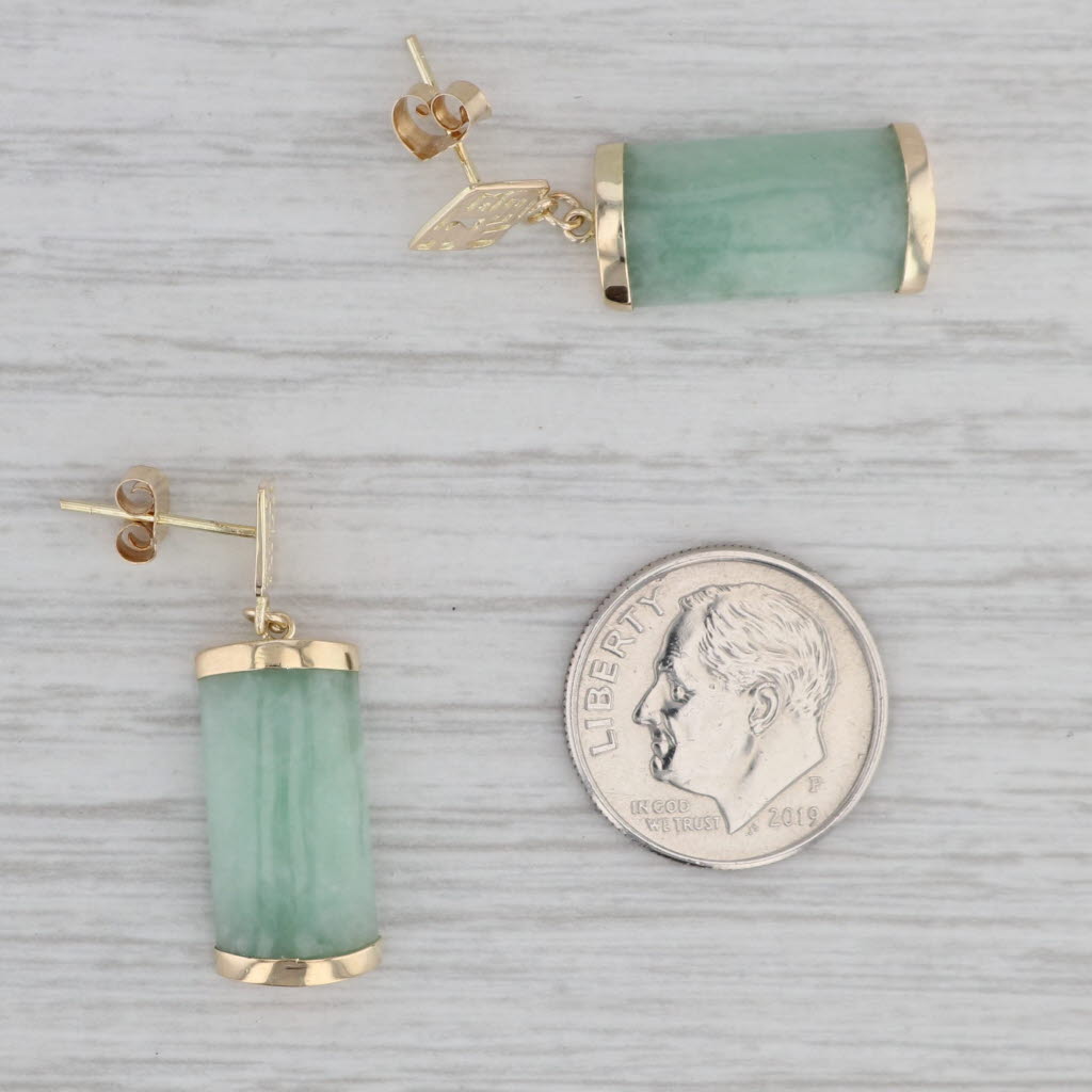 Gray Green Jadeite Jade Dangle Earrings Good Luck Chinese Character 14k Gold Drops