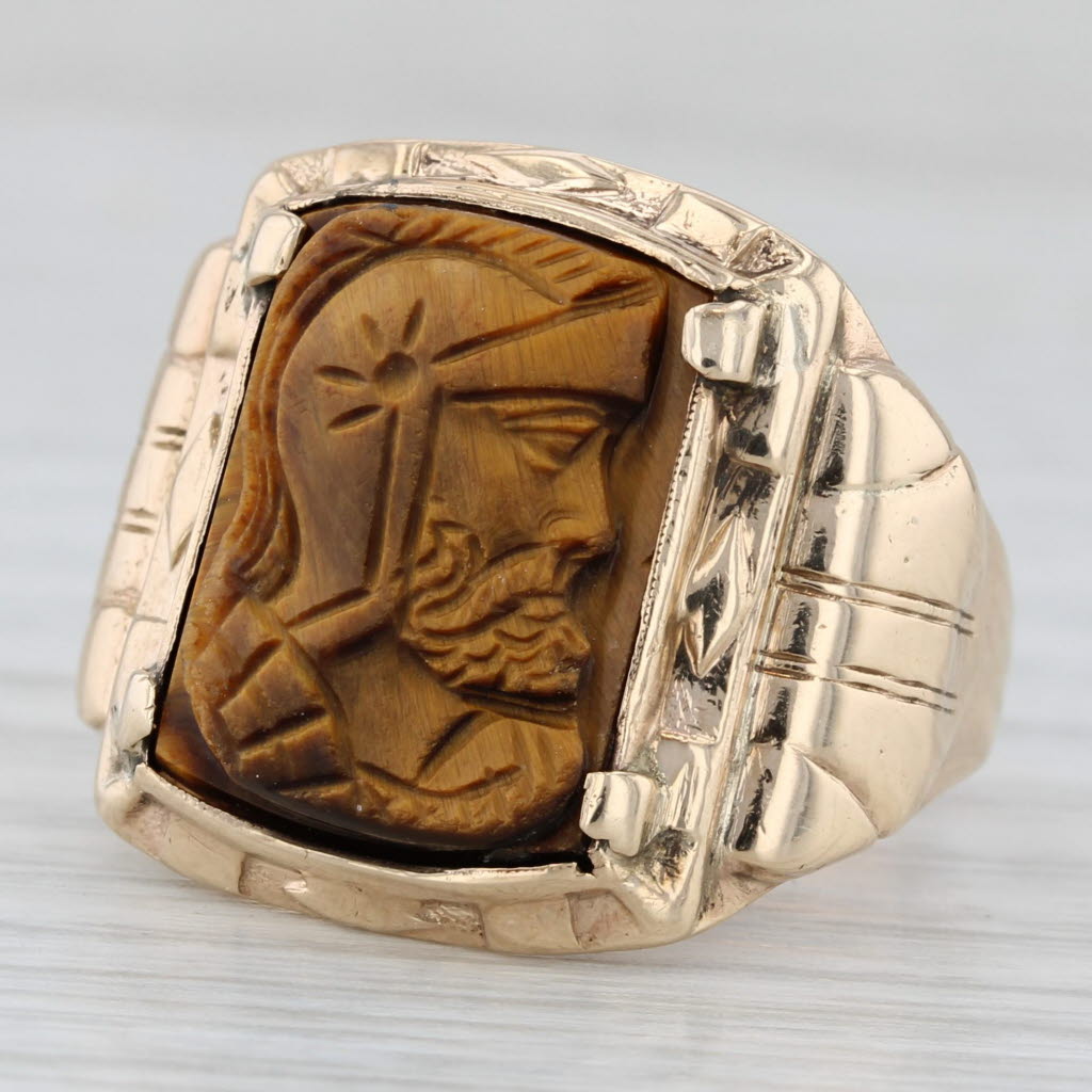 Gray Vintage Tiger's Eye Carved Cameo Ring 10k Yellow Gold Size 8.5