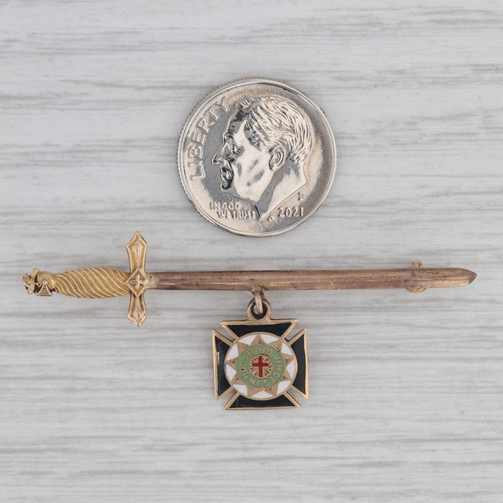 Gray Knights Templar Sword Pin Cross Charm 12k Gold Vintage Masonic York Rite