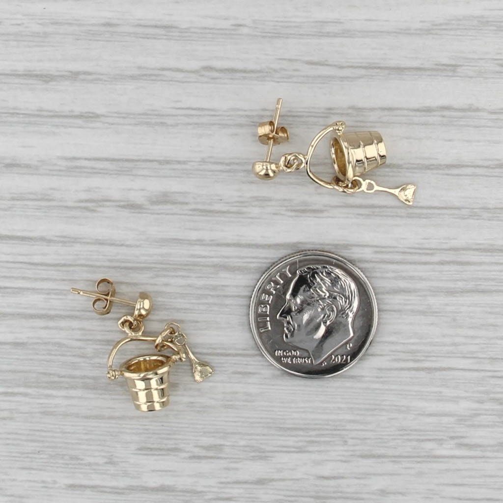 Sandbucket Shovel Dangle Earrings 14k Yellow Gold Beach Nautical Theme Jewelry