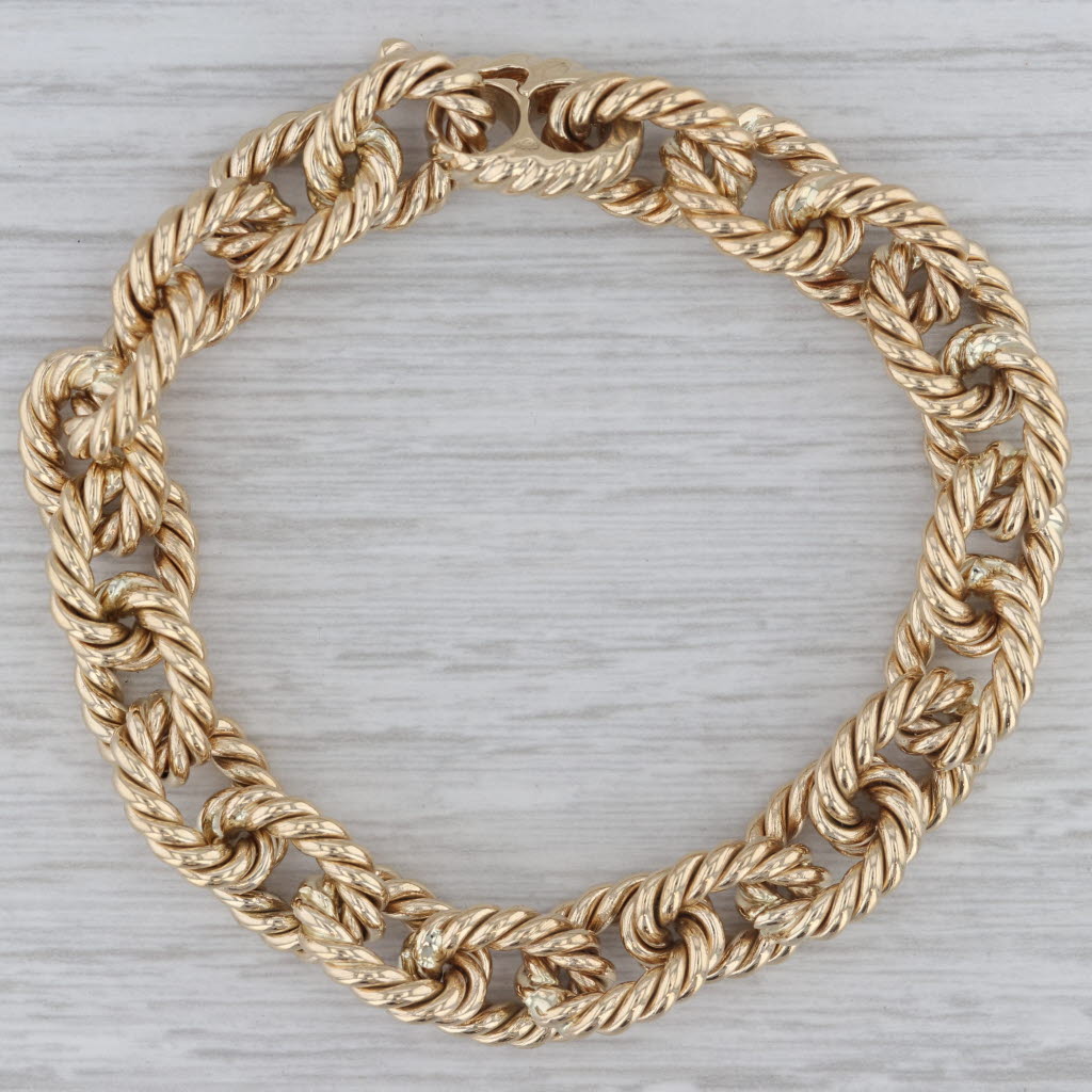 Gray 7.5" Rope Link Cable Chain Bracelet 14k Yellow Gold 11.5mm