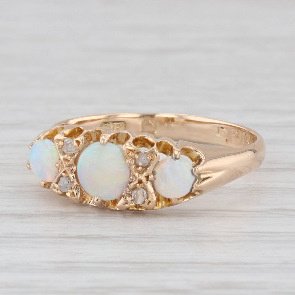 Light Gray Antique Opal 3-Stone Ring 18k Yellow Gold Size 8 Diamond Accents