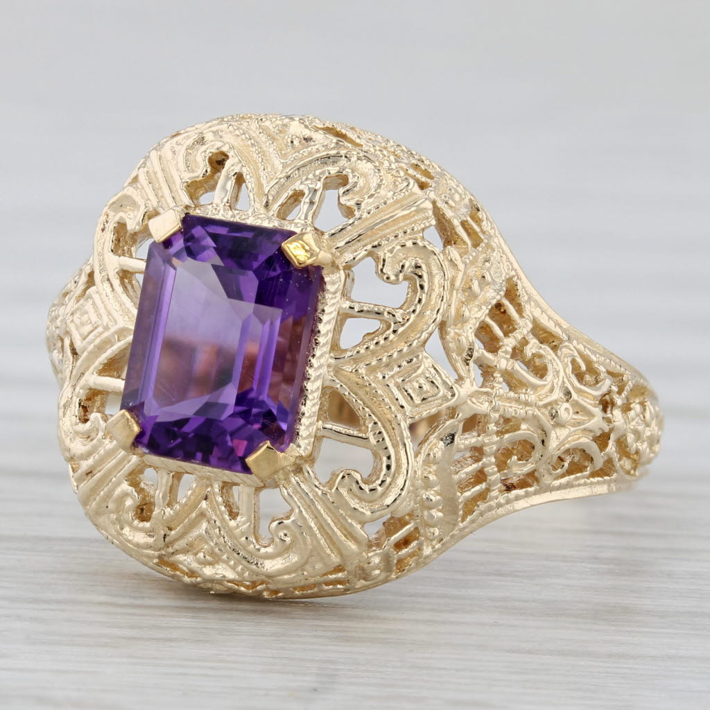 Gray 1.30ct Amethyst Solitaire Filigree Ring 10k Yellow Gold Size 8.25