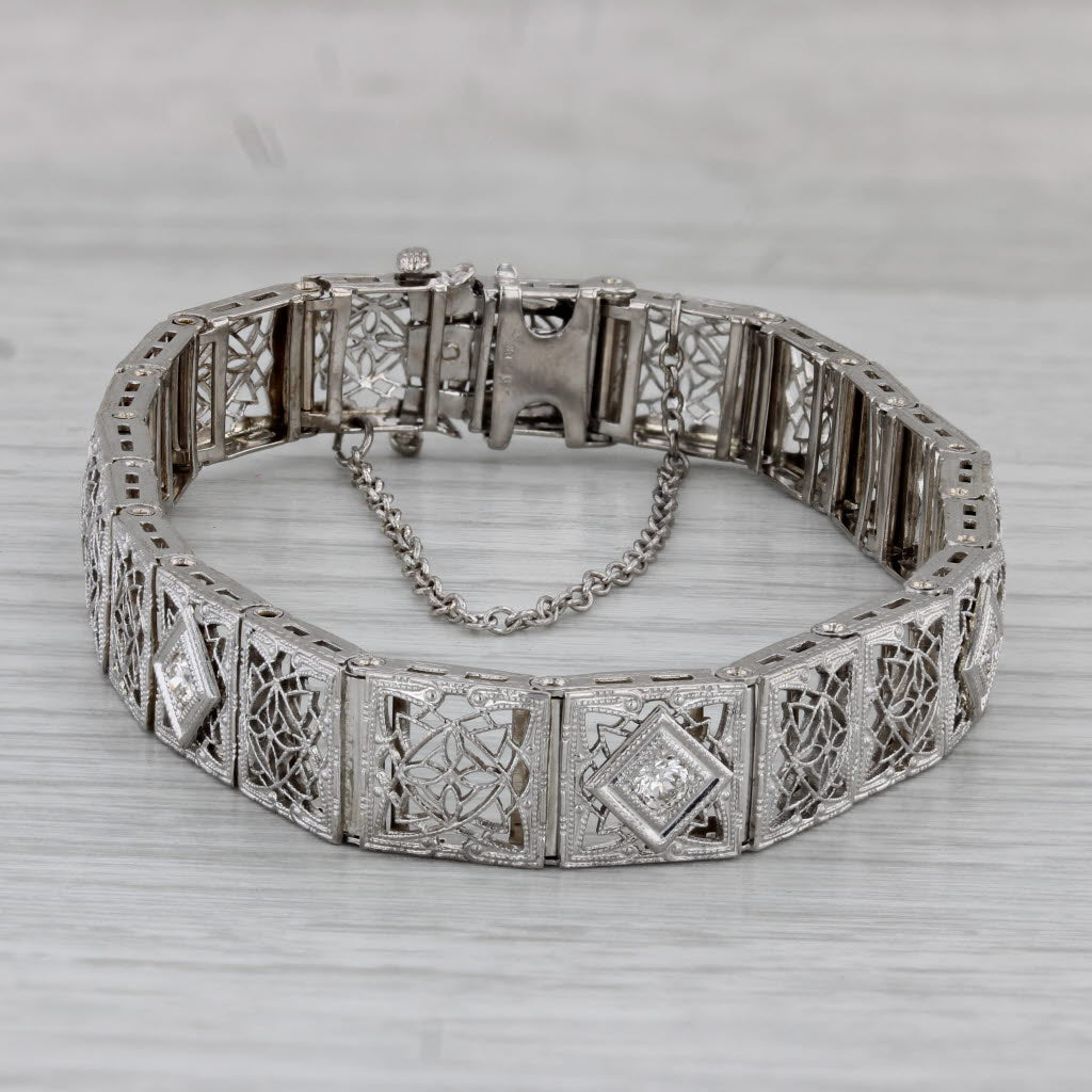 Gray Art Deco 0.18ctw Diamond Filigree Bracelet 14k White Gold Platinum 7"