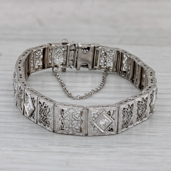 Art Deco 0.18ctw Diamond Filigree Bracelet 14k White Gold Platinum 7"