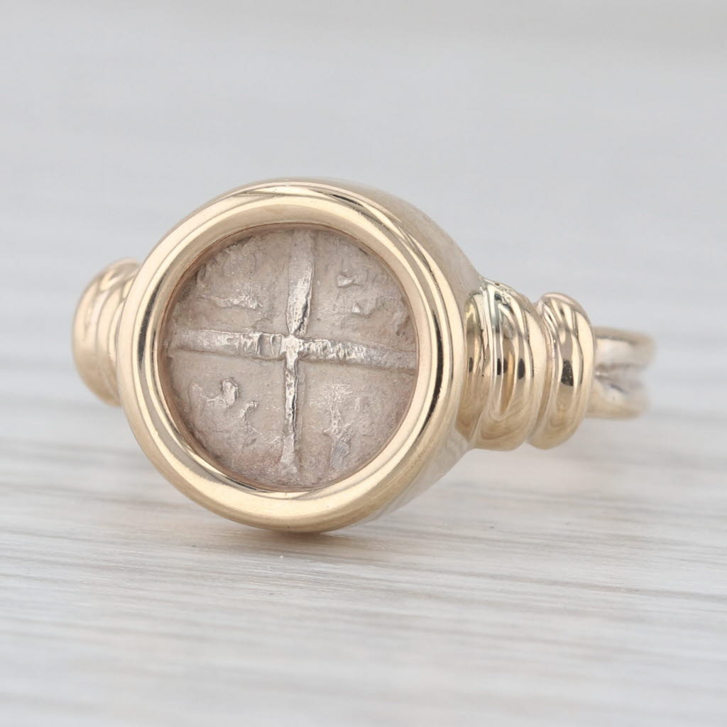 Reproduction Ancient Coin Ring 14k Yellow Gold Silver Size 6.75