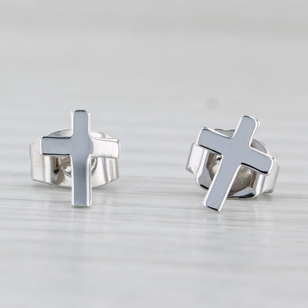 Light Gray Small Cross Stud Earrings 14k White Gold