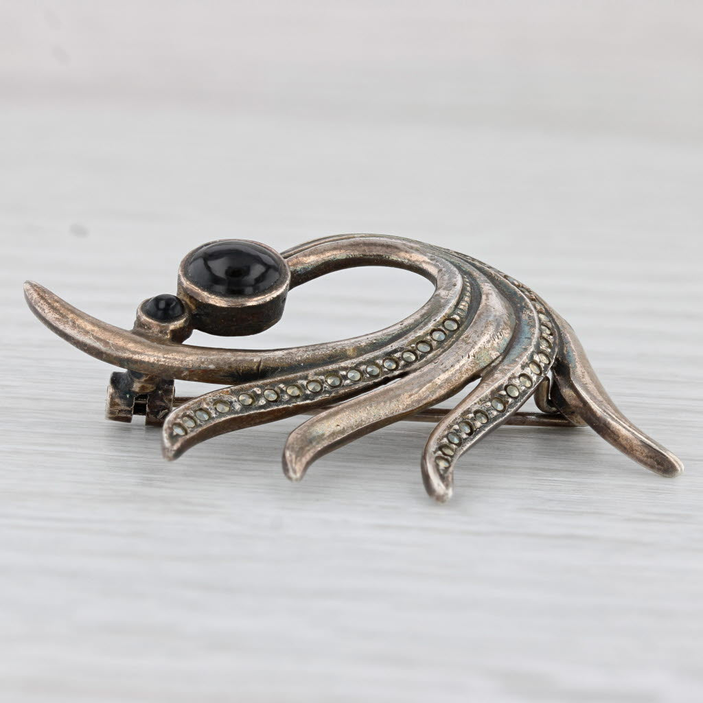 Light Gray Vintage Onyx Marcasite Bow Brooch Sterling Silver Pin Abstract Statement