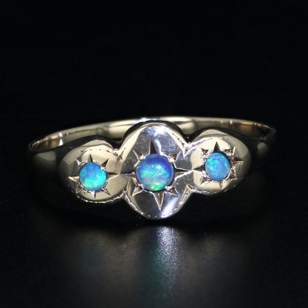 Black Antique Opal Ring 10k Yellow Gold Size 6.5 3-Stone Cabochons