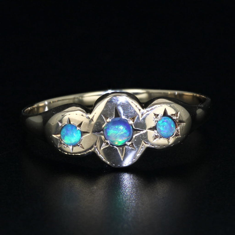 Antique Opal Ring 10k Yellow Gold Size 6.5 3-Stone Cabochons