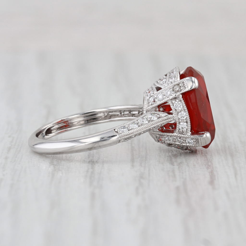 4.16ctw Oval Fire Opal Diamond Ring 18k White Gold Size 6.75