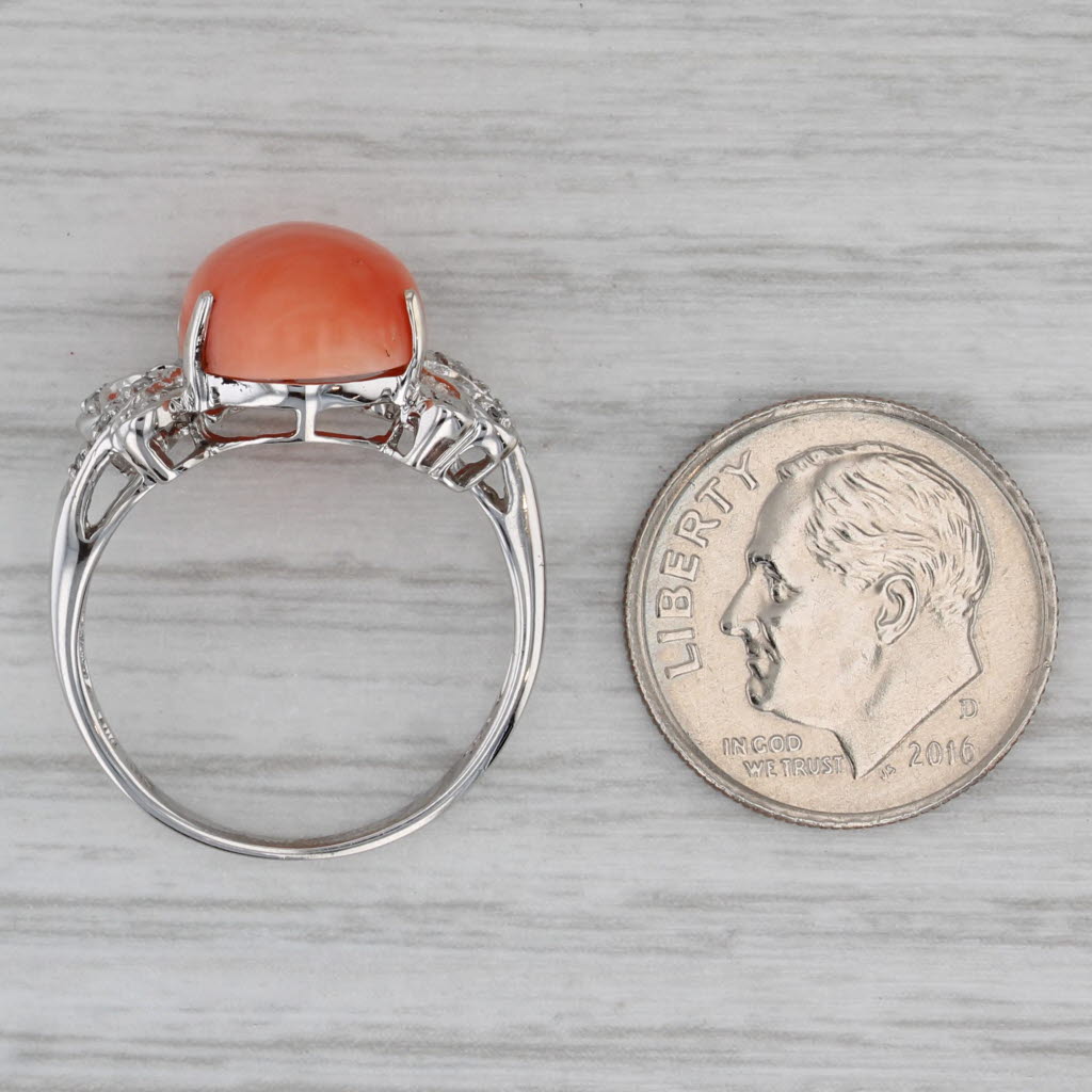 Gray Coral Oval Cabochon Diamond Ring 14k White Gold Size 7