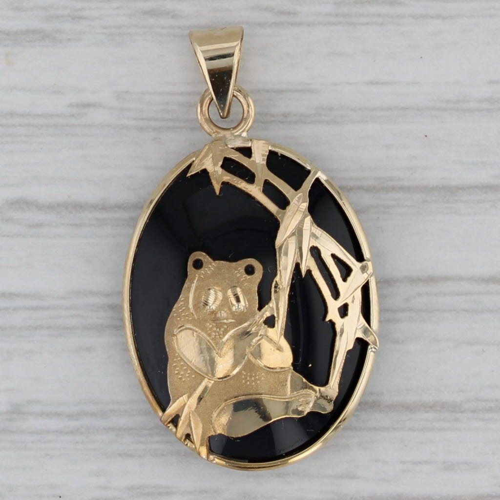 Gray Onyx Panda Bamboo Pendant 14k Yellow Gold Oval Cabochon Solitaire