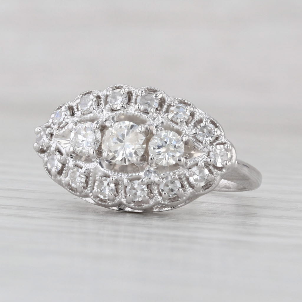 Vintage 0.96ctw Diamond 3-Stone Halo Ring 14k White Gold Size 6.25