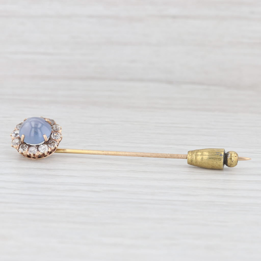 Light Gray Antique Star Sapphire Cabochon 0.74ctw Diamond Halo Stickpin 10-12k Gold Pin