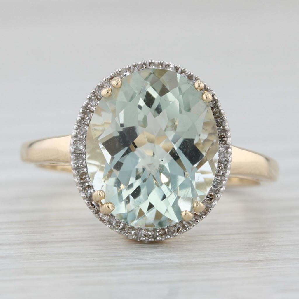 Light Gray 4.67ctw Prasiolite Green Amethyst Diamond Halo Ring 14k Yellow Gold Size 7