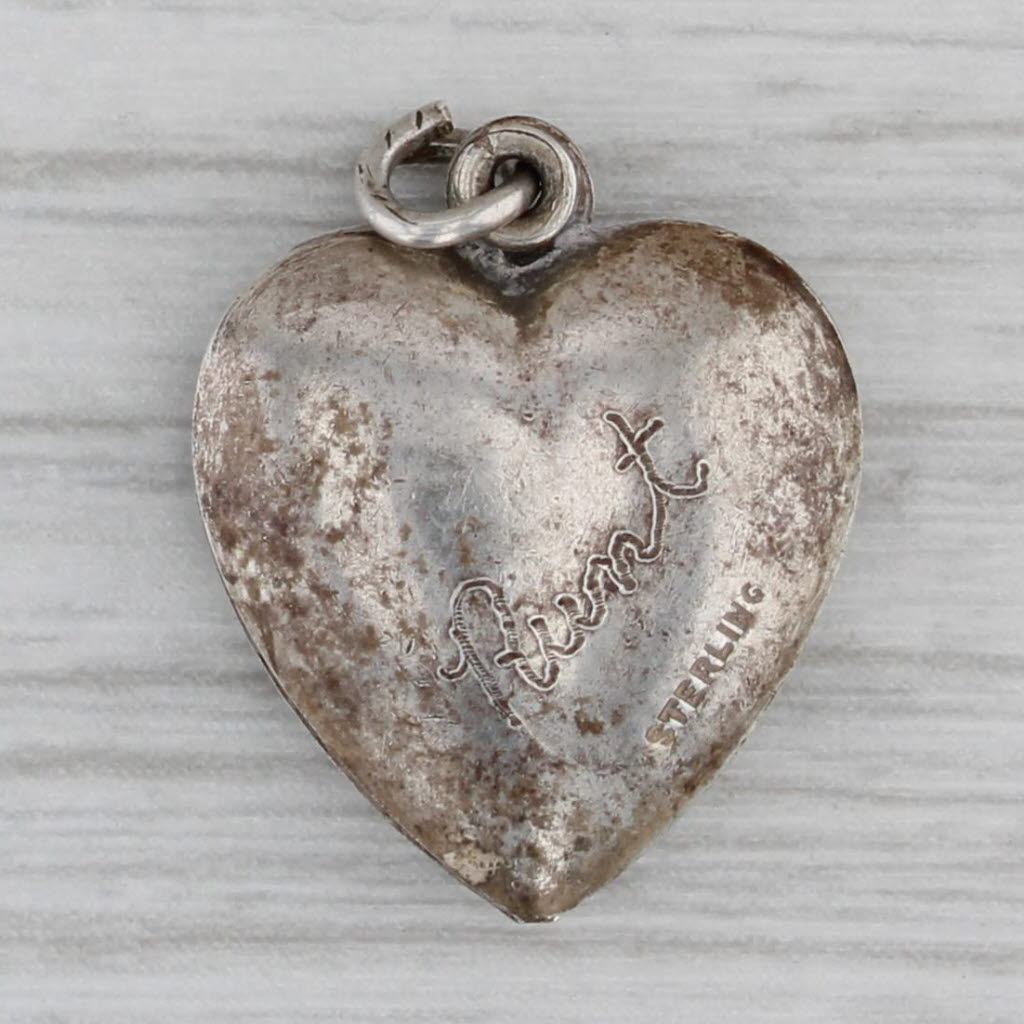 Gray Vintage Puffy Heart Bird Charm Sterling Silver Ornate Pendant