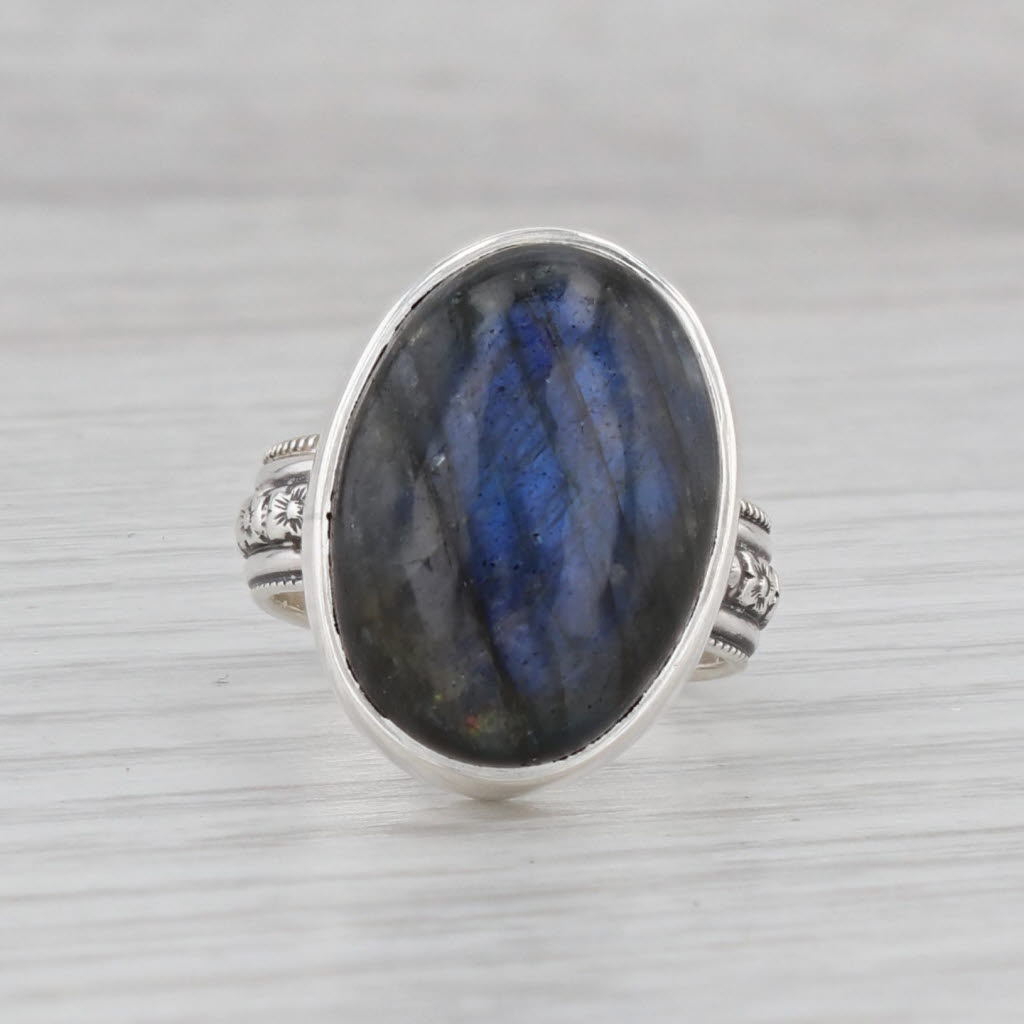 Gray Vintage Labradorite Oval Cabochon Solitaire Ring 900 Silver Size 5.25