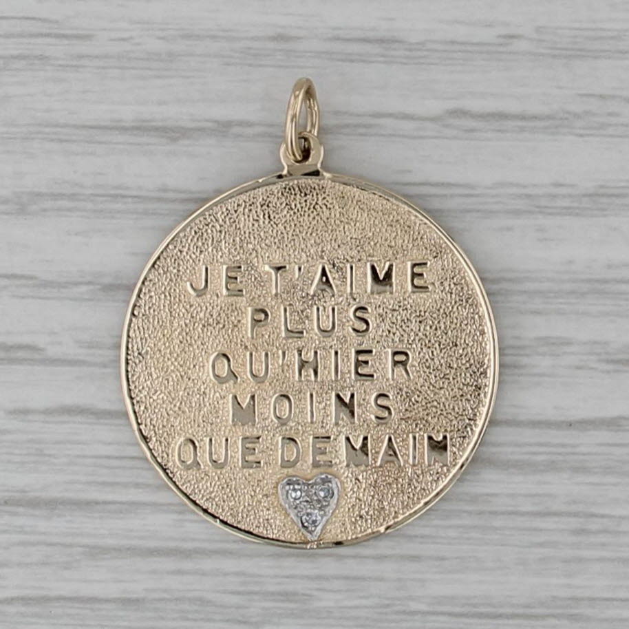 Diamond Heart Je T'aime Plus Qu'hier moins Que Demain Medallion Pendant 14k Gold