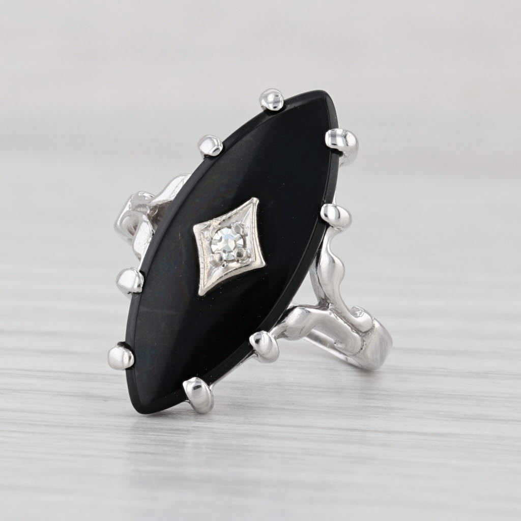 Marquise Onyx Signet Ring 10k White Gold Size 5.5 Diamond Accent