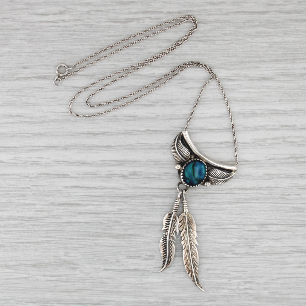 Vintage Navajo Native American Shell Pendant Necklace Sterling Silver 19"
