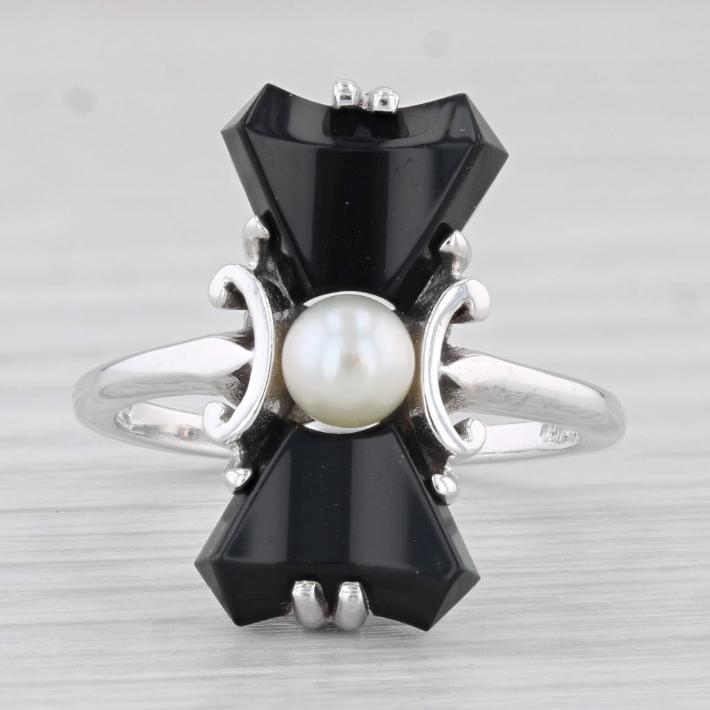 Light Gray Vintage Onyx Cultured Pearl Ring 10k White Gold Size 6.5