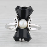 Vintage Onyx Cultured Pearl Ring 10k White Gold Size 6.5