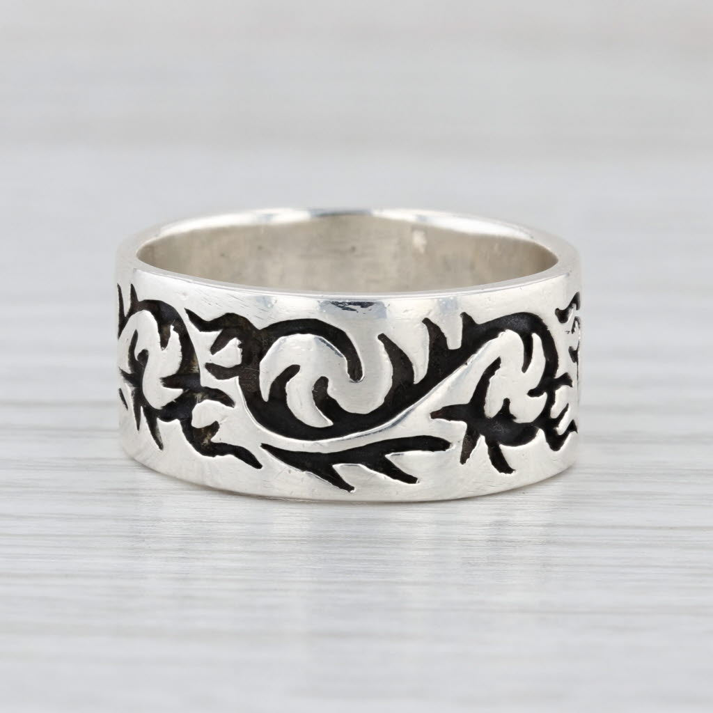 Ornate Floral Etched Band Ring Sterling Silver 10mm Size 10.25