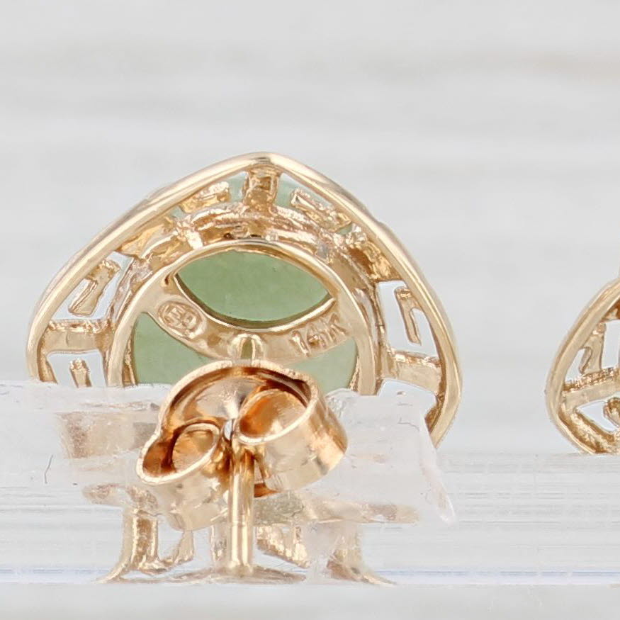 Light Gray Green Jadeite Jade Greek Key Pattern Stud Earrings 14k Yellow Gold