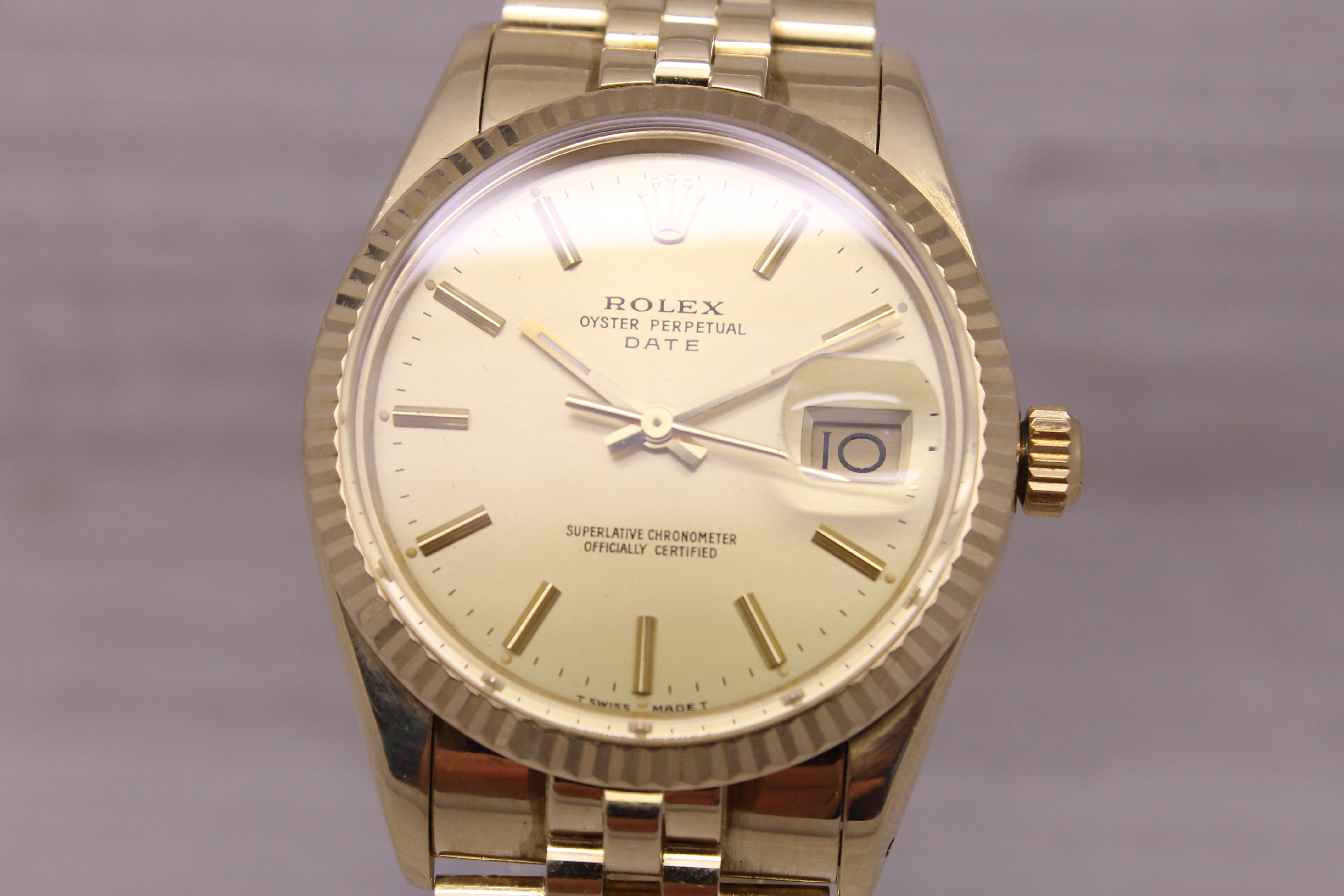 Light Slate Gray Vintage 1981 Rolex Date 15037 34mm 14k Yellow Gold Automatic Watch Box Papers