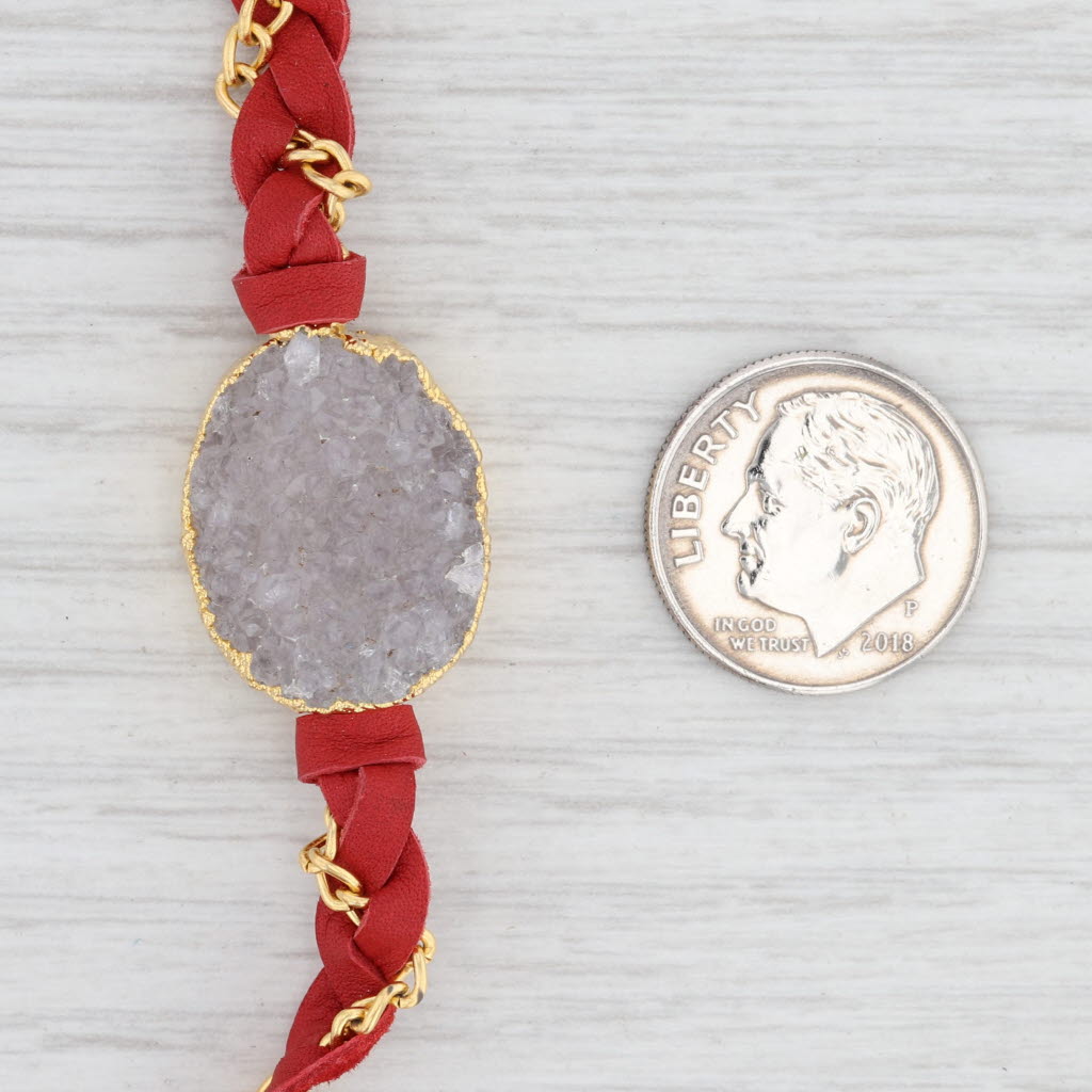New Cordelia Nina Wynn Necklace White Druzy Red Woven Leather Gold Vermeil