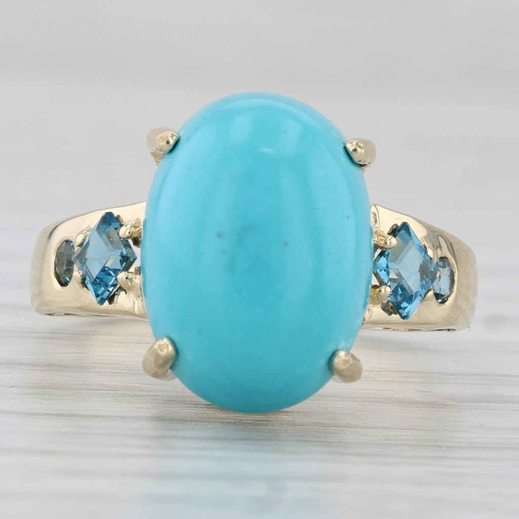 Light Gray Oval Cabochon Simulated Turquoise Blue Topaz Ring 14k Yellow Gold Size 7