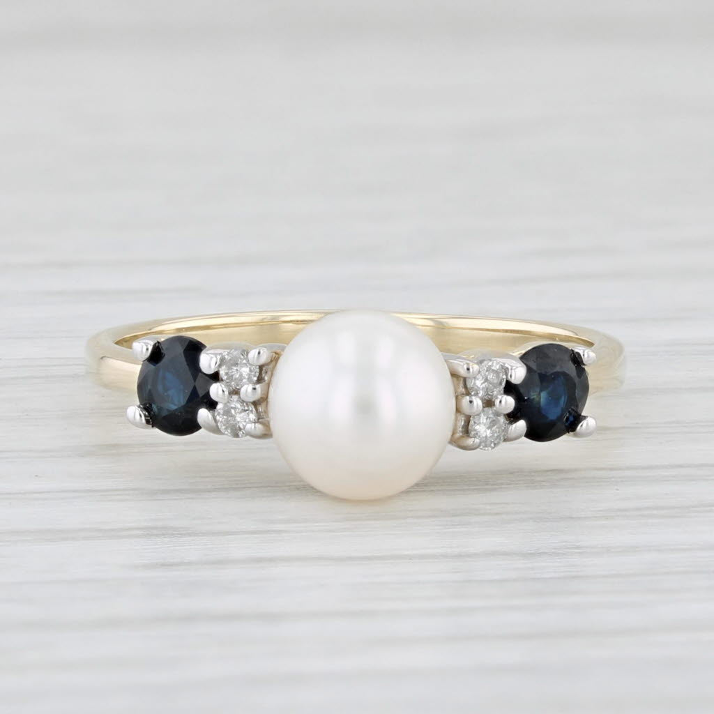 Light Gray Cultured Pearl Sapphire Diamond Ring 10k Yellow Gold Size 7