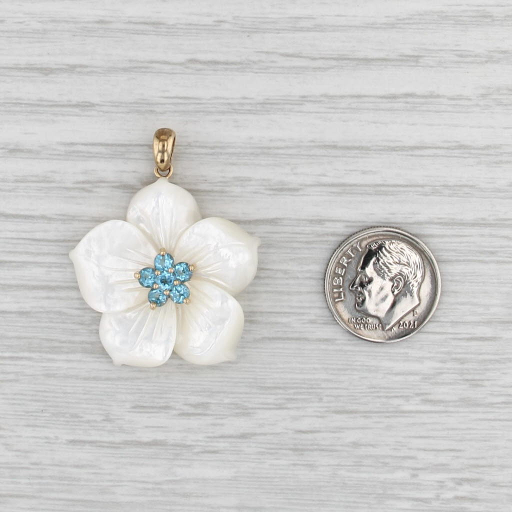 Mother of Pearl Aquamarine Flower Pendant 14k Yellow Gold Floral Jewelry