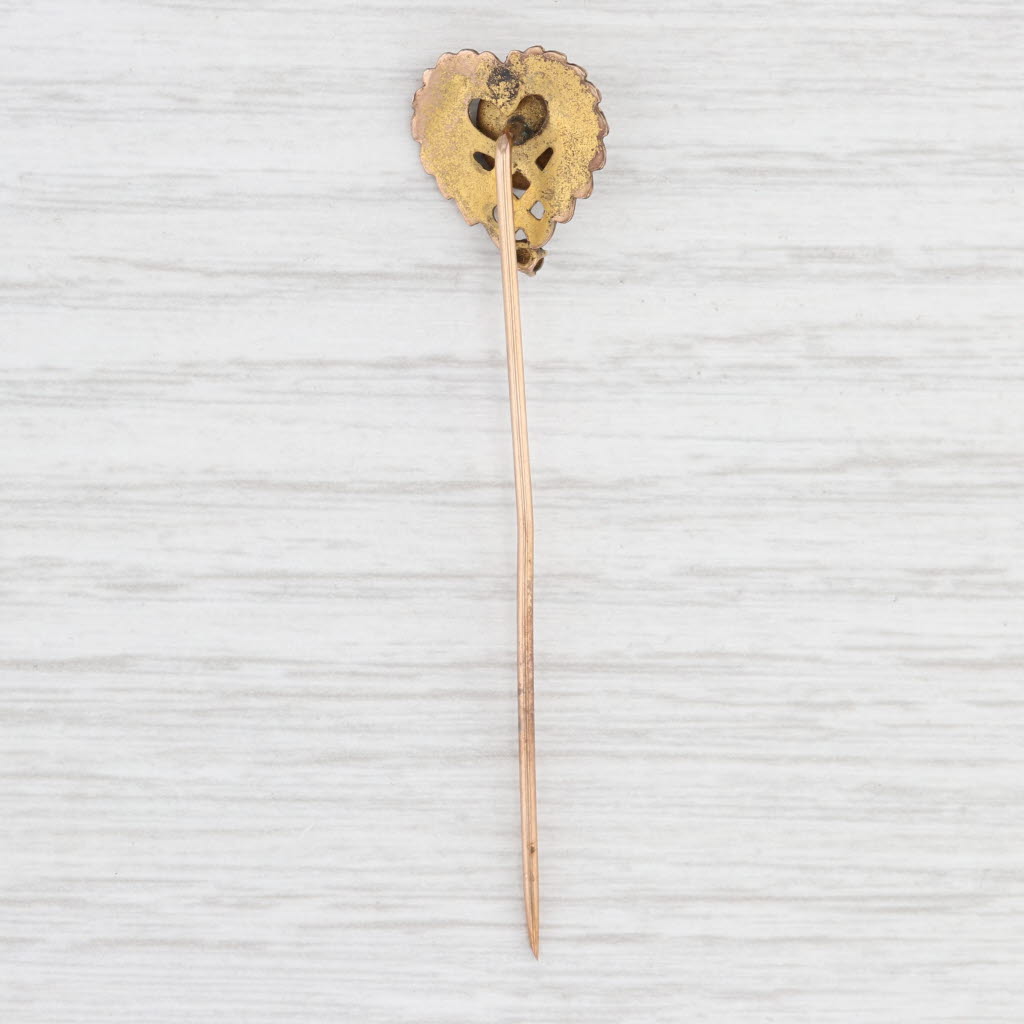 Light Gray Antique Green Malachite Pearl Heart Stickpin 10k Yellow Gold Pin