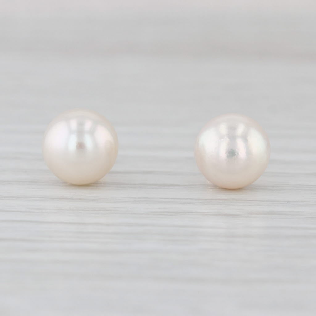 Cultured Pearl Stud Earrings 14k Yellow Gold 8mm Round Bead Solitaire Studs