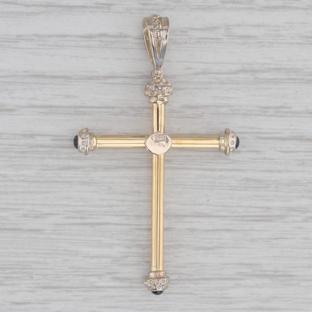 Gray Blue Sapphire Large Cross Pendant 18k Yellow White Gold Italian