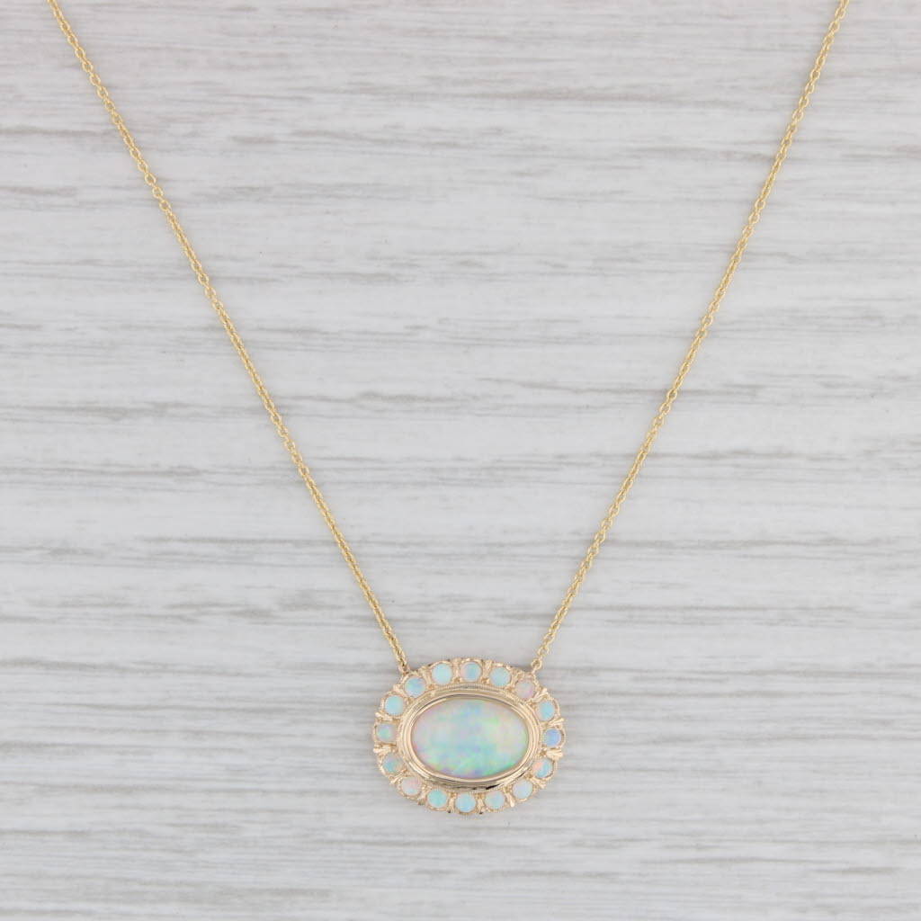 Light Gray Vintage Opal Halo Pendant Necklace 14k Yellow Gold 18.25" Cable Chain