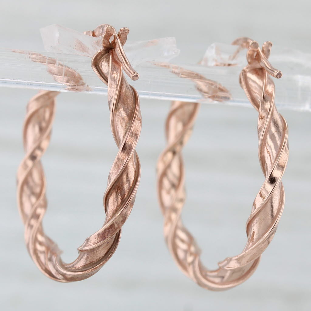 Light Gray New Twist Hoop Earrings 10k Rose Gold Snap Top Round Hoops